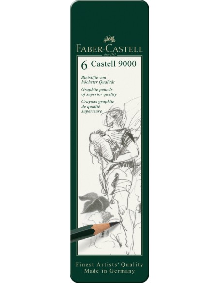 Faber-Castell Castell 9000 graphite pencil, tin of 6, HB, B, 2B, 4B, 6B, 8B