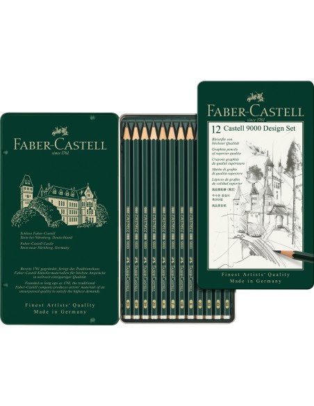 Faber-Castell Castell 9000 graphite pencil, Design Set, tin of 12, degrees of hardness 5H-5B