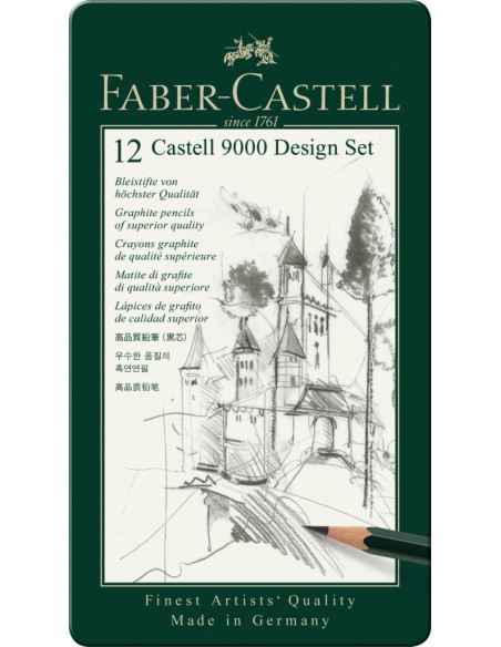 Faber-Castell Castell 9000 graphite pencil, Design Set, tin of 12, degrees of hardness 5H-5B