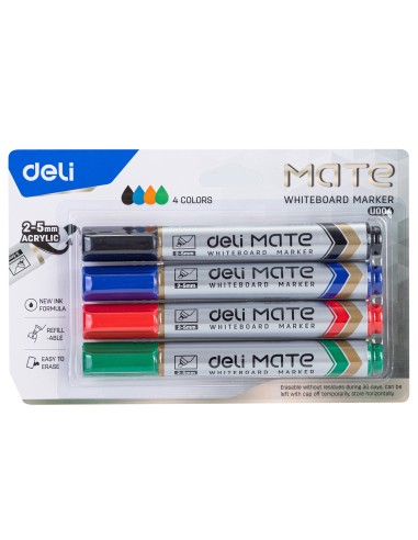 Valgetahvlimarker Deli U00403 komplekt 4 värvi, lõigatud ots 2-5mm