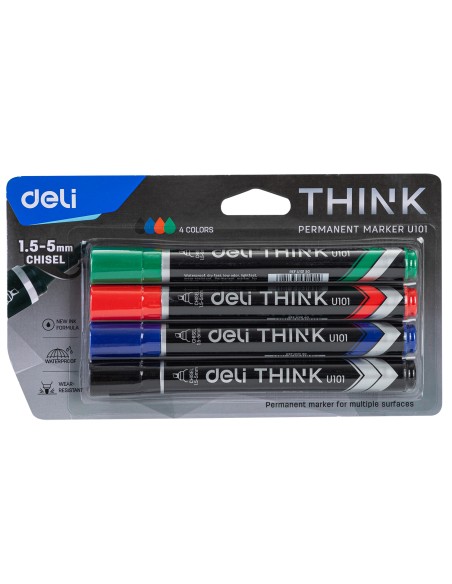 Permanentne marker DELI U101 1.5-5mm, lõigatud ots komplekt 4 värvi