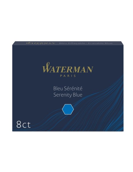 Waterman Fountain Pen Ink Cartridges, Long, Serenity Blue, 8 Count