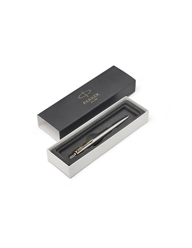 PARKER Jotter Ballpoint Pen, Stainless Steel with Golden Trim, Medium Point Blue Ink, Gift Box (953182)