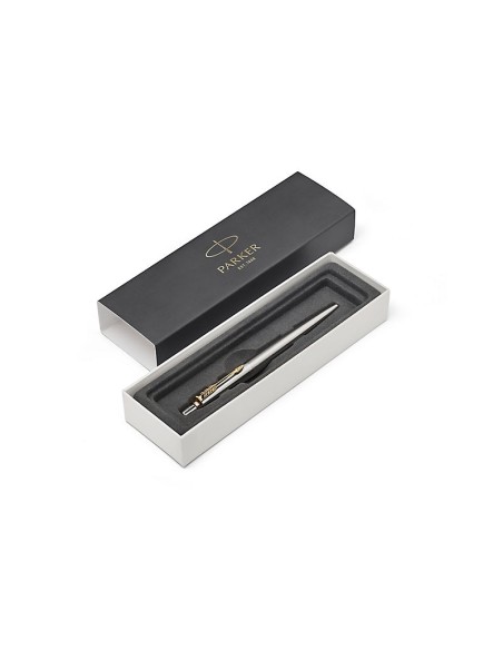 PARKER Jotter Ballpoint Pen, Stainless Steel with Golden Trim, Medium Point Blue Ink, Gift Box (953182)