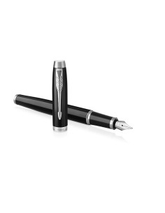 PARKER IM Fountain Pen, Black Lacquer Chrome Trim, Fine Nib with Blue Ink Refill (1931644)