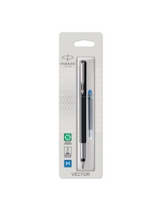 PARKER Vector Fountain Pen, Black with Chrome Trim, Medium Nib, Blue Ink, Hangtab