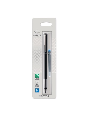 PARKER Vector Fountain Pen, Black with Chrome Trim, Medium Nib, Blue Ink, Hangtab
