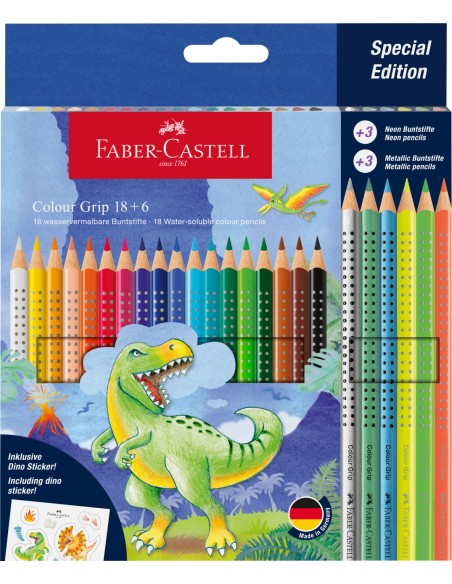Värvipliiatsid Faber-Castell Colour Grip Dinosaurus 18+6-värvi