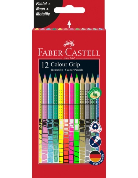 Värvipliiats Faber-Castell Grip 12-värvi neon+metallik+pastelsed värvid