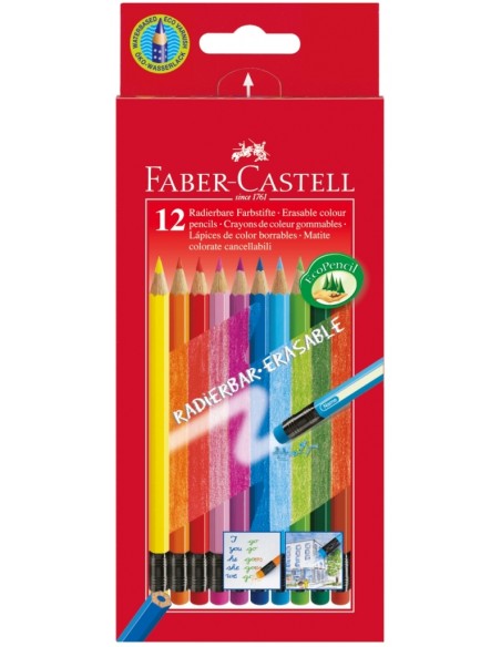 Värvipliiatsid Faber-Castell 12-värvi, värviliste kustukummidega