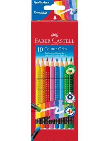 Värvipliiatsid Faber-Castell Grip 2001 10-värvi, kolmkandilised värviliste kustukummidega