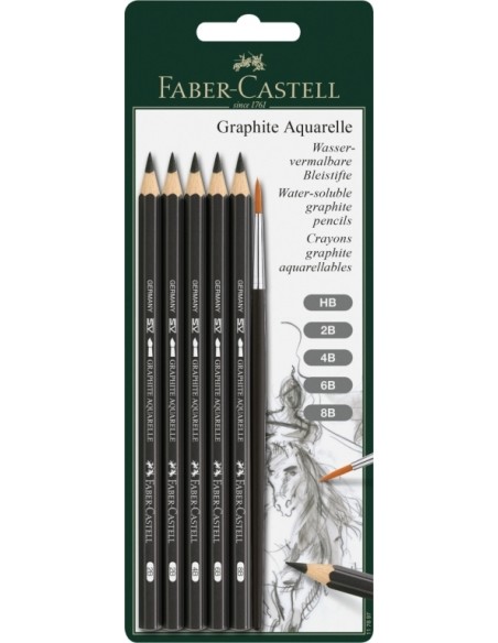 Faber-Castell Graphite Aquarelle artists´ pencil, blister card, 1 each of HB, 2B, 4B, 6B, 8B + brush size 6