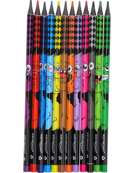 Plastic color pencil, Triangular body with animal Deco printing, 12 color in box, all with luxury black wood style