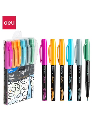 Brush Pen DELI Soft tip grey orange purple brown green blue