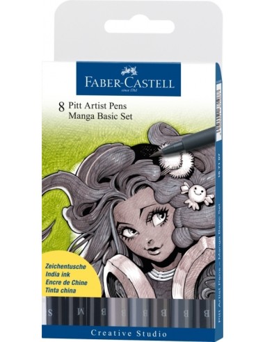 Faber-Castell Pitt Artist Pen India ink pen, wallet of 8, Manga Basic set