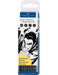 Faber-Castell Pitt Artist Pen India in pen, wallet of 4, Manga Black set, colour 199 black XS, S, F, B