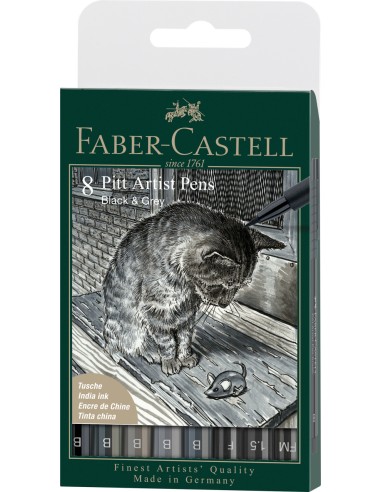 Pintsel-pliiats Faber-Castell Pitt Artist Pen hallid ja mustad 8-värvi