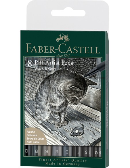 Pintsel-pliiats Faber-Castell Pitt Artist Pen hallid ja mustad 8-värvi