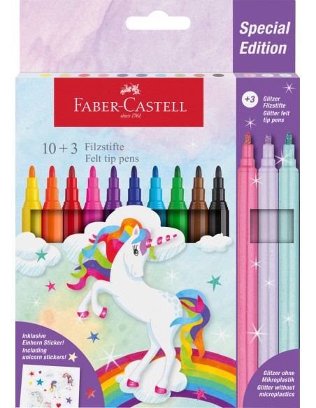 Viltpliiatsid Faber-Castell Unicorn 10+3-värvi + kleepsud