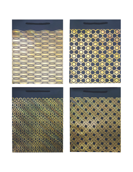 Paper gift bag "deVENTE. Black & Gold" vertical, size 18x23x8 cm, foil stamping, paper 210 g/m², assorted 4 designs