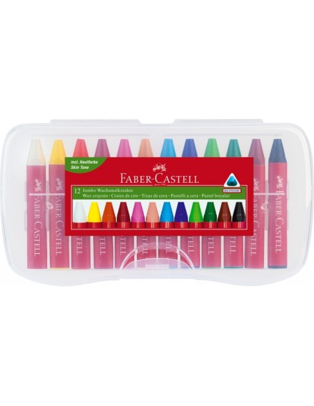 Faber-Castell Jumbo wax crayon triangular, plastic box of 12 with scraper