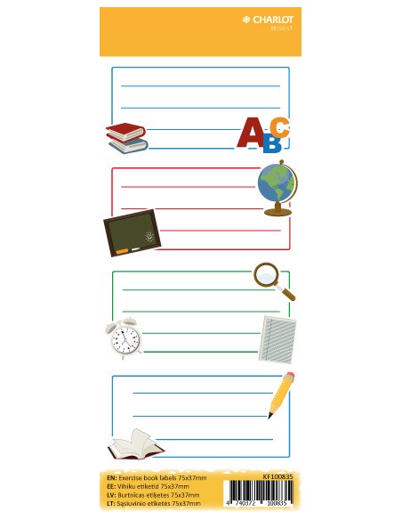 Exercise book labels Charlot 76x35mm 4pcs on sheet.