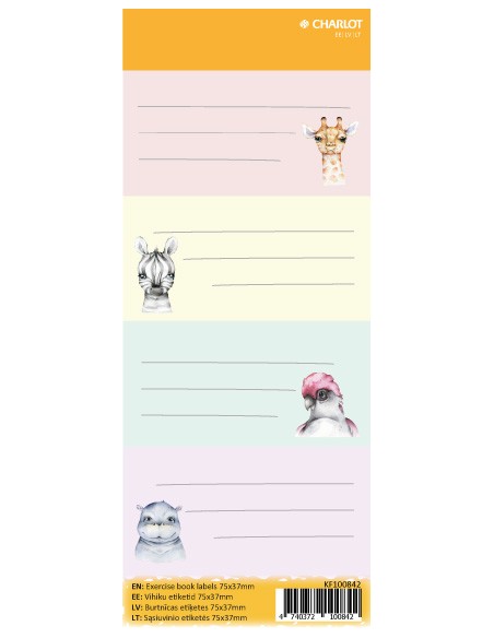Vihiku kleebisetiketid Charlot Animals 76x37mm 4tk lehel