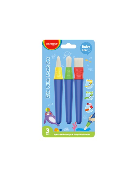 Early age Kids paint brush set, flat, point, round, 3pcs/blister card