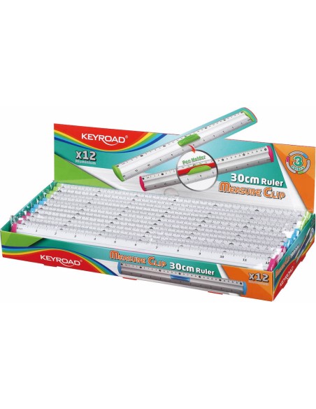 30cm aluminium ruler with pen clip, 3 colors,pink,blue and green,12pcs/display box, 1pc with barcode label