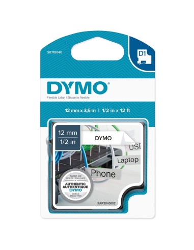 Kleepkirjalint Dymo D1 12mm x 3.5m must tekst valgel nylon