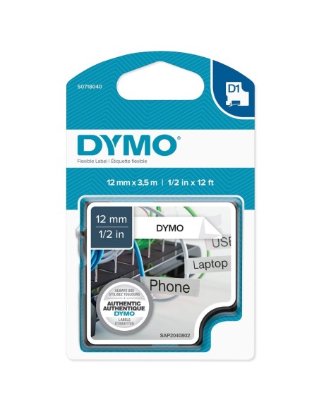 Kleepkirjalint Dymo D1 12mm x 3.5m must tekst valgel nylon