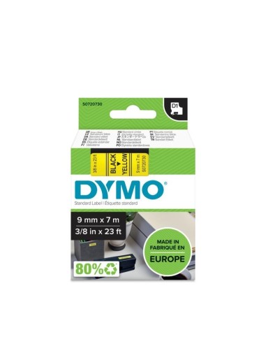 Kleepkirjalint Dymo D1 9mm x 7m must tekst kollasel 40918