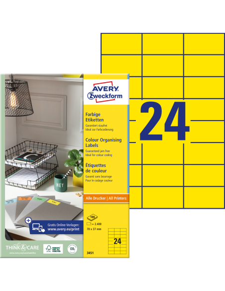 Etiketid Zweckform 3451 70x37mm A4/100L kollane