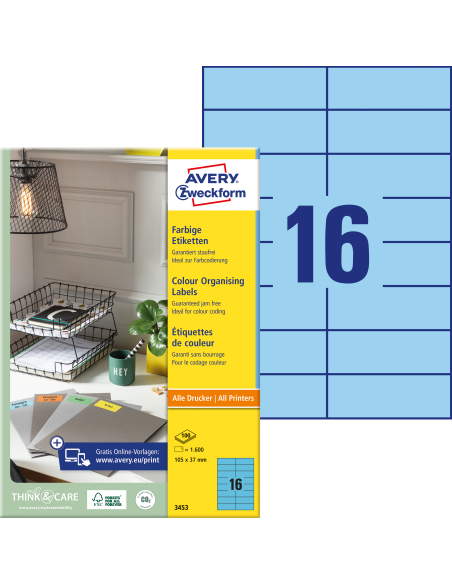 Etiketid Zweckform 3453 105x37mm A4/100L sinine