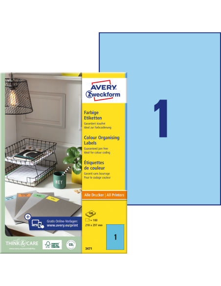 Etiketid Zweckform 3471 210x297mm A4/100L sinine