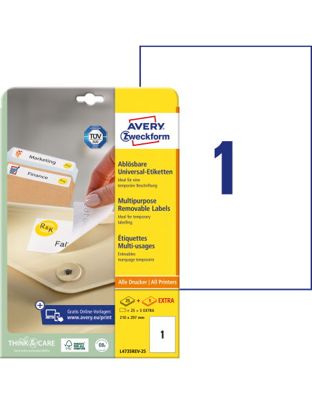 Labels Zweckform 210x297 A4/25sh, removable