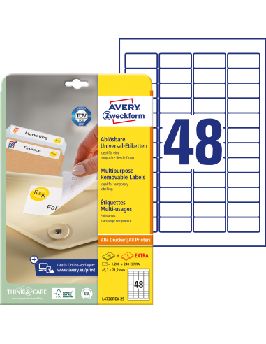 Etiketid Zweckform L4736REV-25 45,7x21,2mm A4/25L eemaldatavad (48tk lehel)
