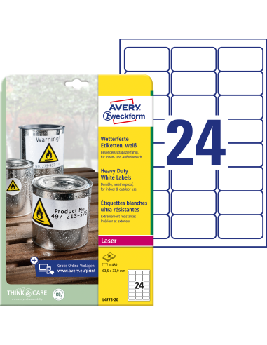 Etiketid Zweckform L4773-20 63,5x33,9mm A4/20L polüester ilmastikukindel, valge