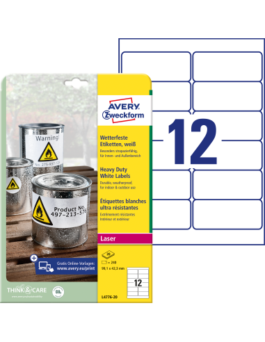 Etiketid Zweckform L4776-20 99,1x42,3mm A4/20L polüester ilmastikukindel, valge