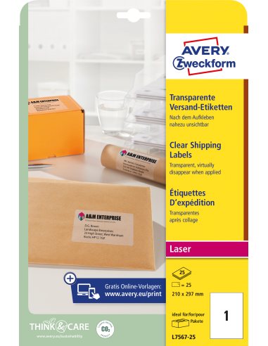 Labels Zweckform 210x297 transparent polyester L+C A4/25L