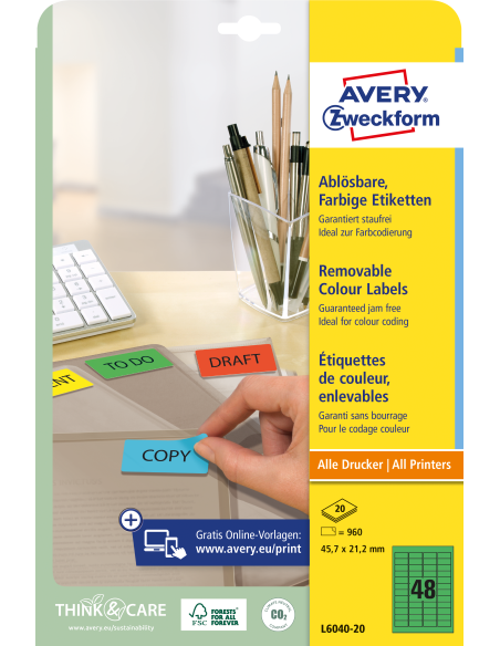 Label Avery 45,7x21,2mm A4/20L removable