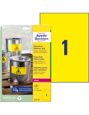 Etiketid Zweckform L6111-20 210x297mm A4/20L polüester ilmastikukindel, kollane