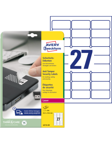 Etiketid Zweckform L6114-20 63,5x29,6mm A4/20L võltsimiskindlad