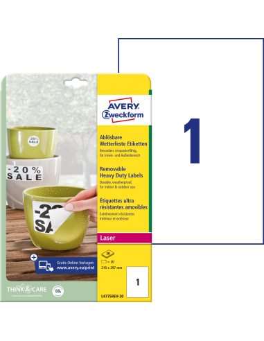 Etiketid Zweckform L4775REV-20 210x297mm A4/20L polüester ilmastikukindel, eemaldatav, valge