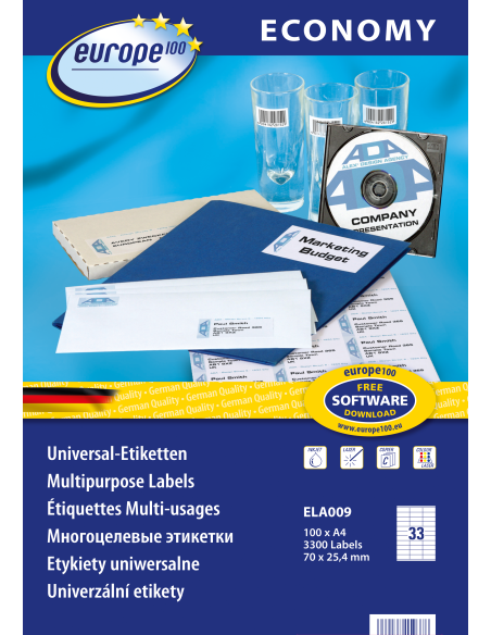 Etiketid Europe ELA009 70x25,4mm A4/100L