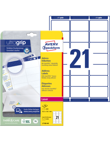 Etiketid Zweckform L7160-40 63,5x38,1mm A4 laserprinterile