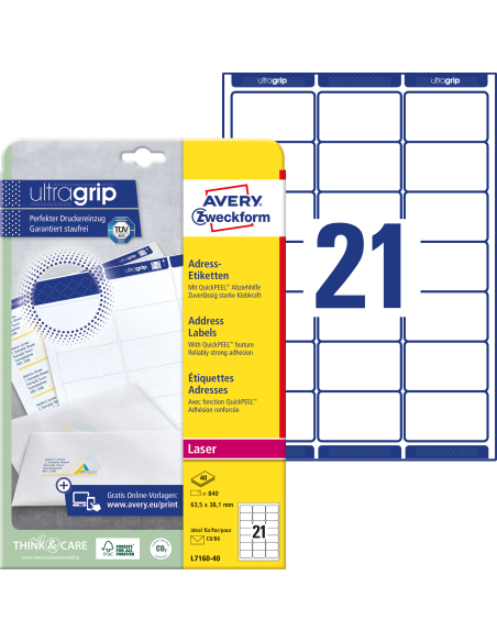 Etiketid Zweckform L7160-40 63,5x38,1mm A4 laserprinterile