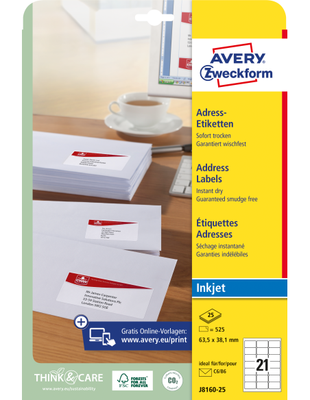 Labels Zweckform 63,5x38,1mm A4, for Inkjet printers