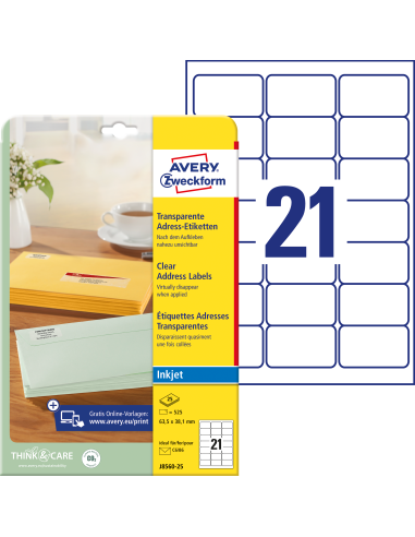 Labels Zweckform 63,5x38,1mm A4, transparent for Inkjet printers