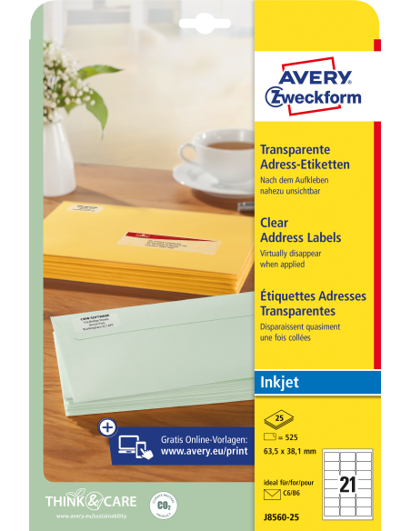 Labels Zweckform 63,5x38,1mm A4, transparent for Inkjet printers